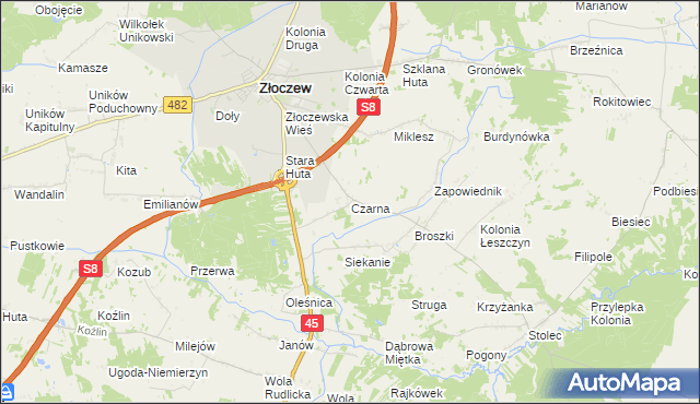 mapa Czarna gmina Złoczew, Czarna gmina Złoczew na mapie Targeo