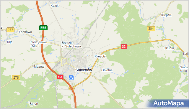 mapa Krężoły gmina Sulechów, Krężoły gmina Sulechów na mapie Targeo