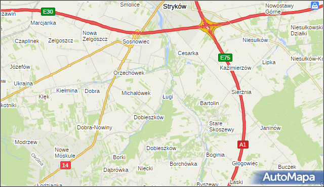 mapa Ługi gmina Stryków, Ługi gmina Stryków na mapie Targeo