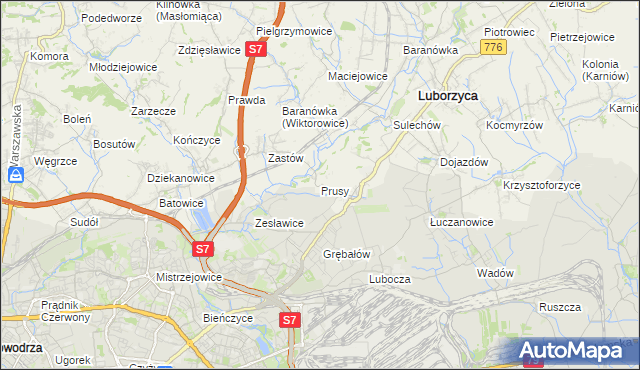 mapa Prusy gmina Kocmyrzów-Luborzyca, Prusy gmina Kocmyrzów-Luborzyca na mapie Targeo