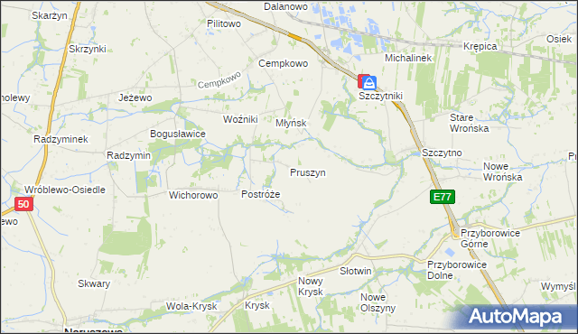 mapa Pruszyn gmina Płońsk, Pruszyn gmina Płońsk na mapie Targeo