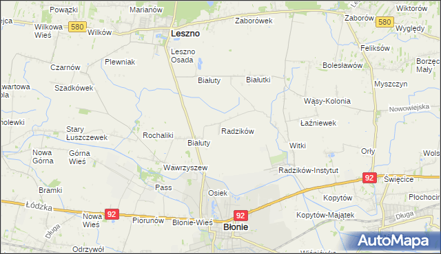 mapa Radzików gmina Błonie, Radzików gmina Błonie na mapie Targeo