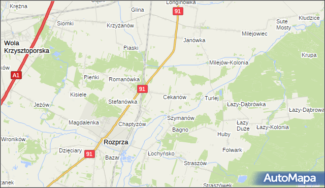 mapa Cekanów gmina Rozprza, Cekanów gmina Rozprza na mapie Targeo