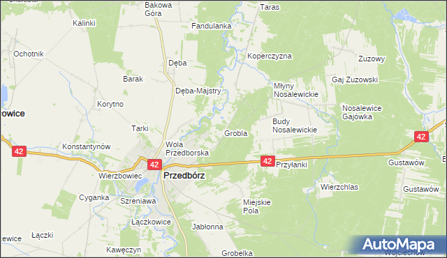 mapa Grobla gmina Przedbórz, Grobla gmina Przedbórz na mapie Targeo
