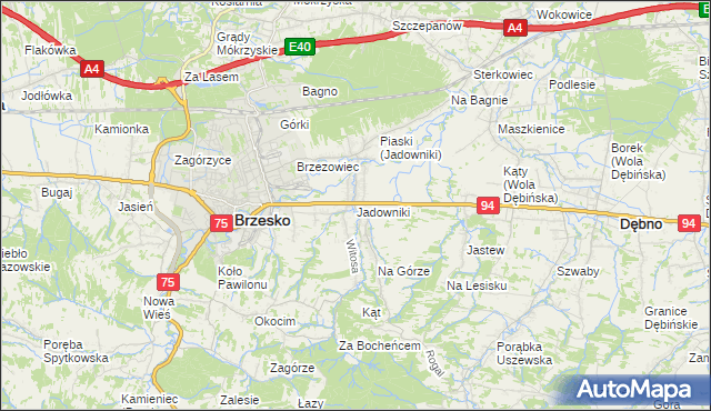 mapa Jadowniki gmina Brzesko, Jadowniki gmina Brzesko na mapie Targeo