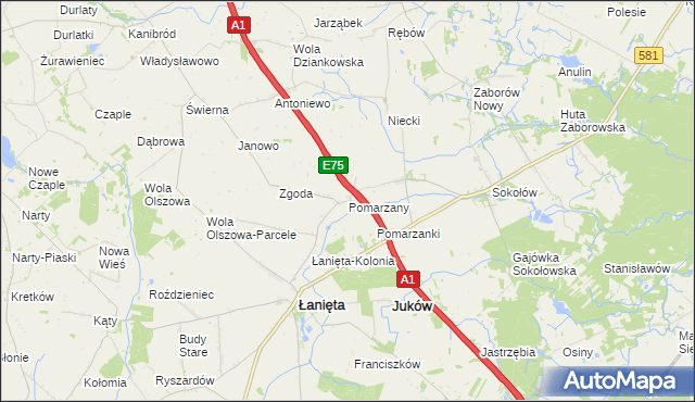 mapa Pomarzany gmina Łanięta, Pomarzany gmina Łanięta na mapie Targeo