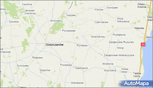 mapa Poniatów gmina Goszczanów, Poniatów gmina Goszczanów na mapie Targeo