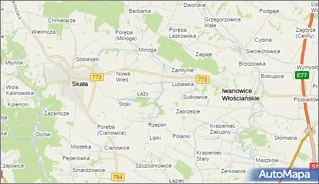 mapa Przybysławice gmina Skała, Przybysławice gmina Skała na mapie Targeo