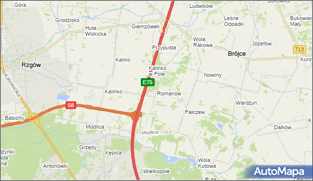 mapa Romanów gmina Rzgów, Romanów gmina Rzgów na mapie Targeo