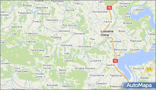 mapa Wronowice gmina Łososina Dolna, Wronowice gmina Łososina Dolna na mapie Targeo