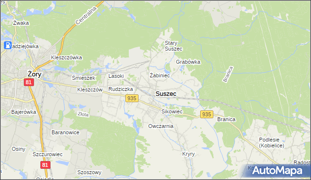 mapa Suszec powiat pszczyński, Suszec powiat pszczyński na mapie Targeo