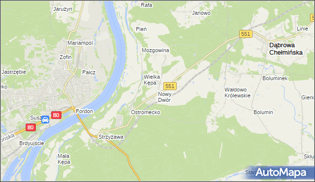 mapa Nowy Dwór gmina Dąbrowa Chełmińska, Nowy Dwór gmina Dąbrowa Chełmińska na mapie Targeo