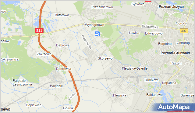 mapa Skórzewo gmina Dopiewo, Skórzewo gmina Dopiewo na mapie Targeo