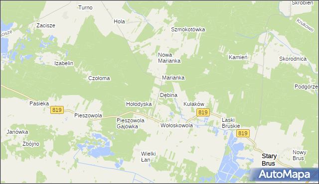 mapa Dębina gmina Stary Brus, Dębina gmina Stary Brus na mapie Targeo