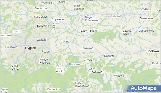 mapa Kowalowa gmina Ryglice, Kowalowa gmina Ryglice na mapie Targeo
