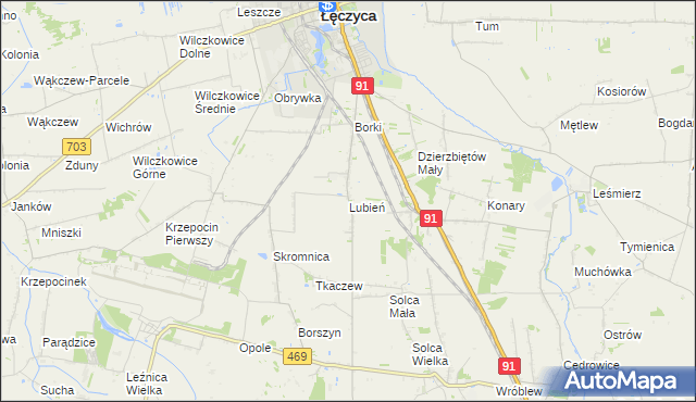 mapa Lubień gmina Łęczyca, Lubień gmina Łęczyca na mapie Targeo