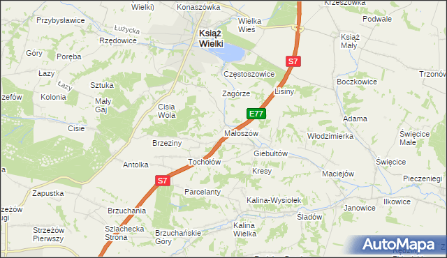 mapa Małoszów gmina Książ Wielki, Małoszów gmina Książ Wielki na mapie Targeo