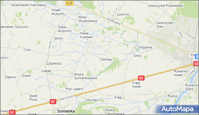 mapa Ostrowy gmina Somianka, Ostrowy gmina Somianka na mapie Targeo