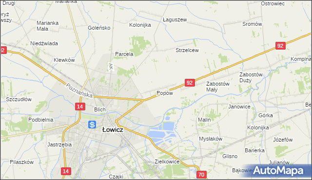 mapa Popów gmina Łowicz, Popów gmina Łowicz na mapie Targeo