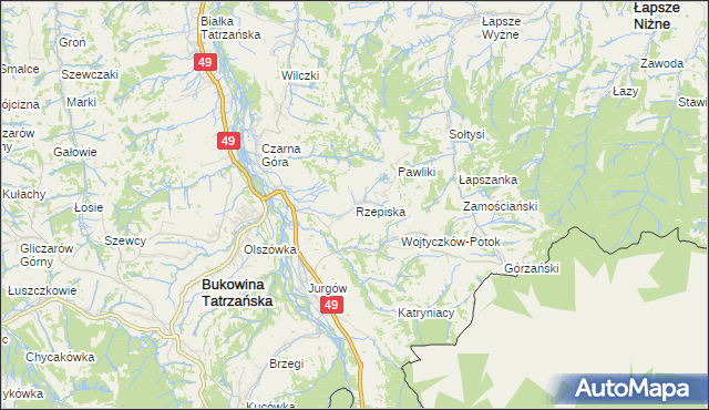 mapa Rzepiska gmina Bukowina Tatrzańska, Rzepiska gmina Bukowina Tatrzańska na mapie Targeo