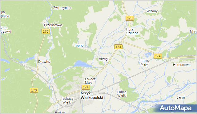 mapa Brzegi gmina Krzyż Wielkopolski, Brzegi gmina Krzyż Wielkopolski na mapie Targeo