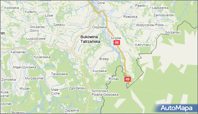 mapa Brzegi gmina Bukowina Tatrzańska, Brzegi gmina Bukowina Tatrzańska na mapie Targeo