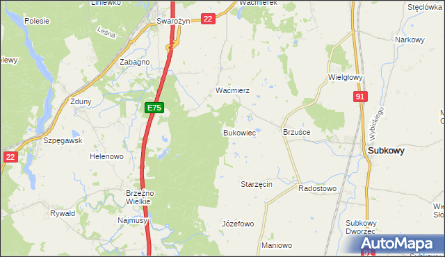 mapa Bukowiec gmina Subkowy, Bukowiec gmina Subkowy na mapie Targeo