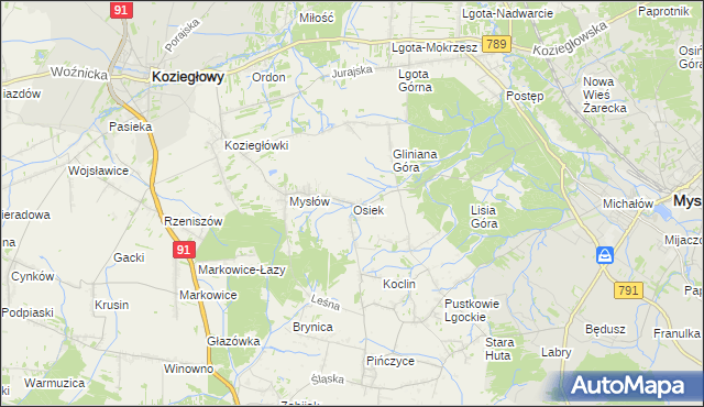 mapa Osiek gmina Koziegłowy, Osiek gmina Koziegłowy na mapie Targeo