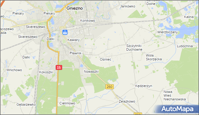 mapa Osiniec gmina Gniezno, Osiniec gmina Gniezno na mapie Targeo