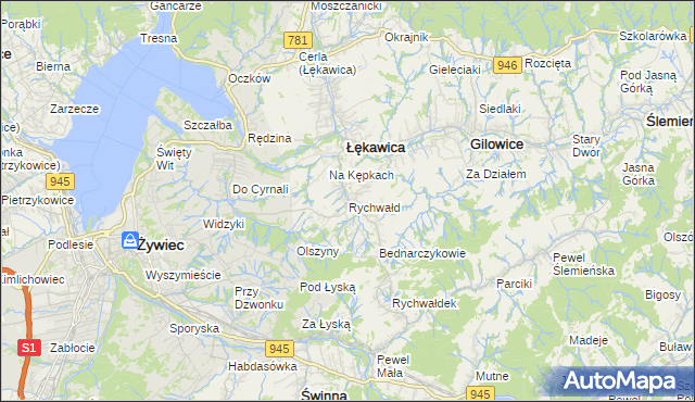 mapa Rychwałd gmina Gilowice, Rychwałd gmina Gilowice na mapie Targeo