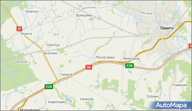 mapa Rzyszczewo gmina Sławno, Rzyszczewo gmina Sławno na mapie Targeo