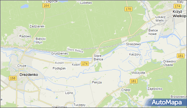 mapa Stare Bielice gmina Drezdenko, Stare Bielice gmina Drezdenko na mapie Targeo