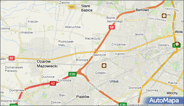 mapa Jawczyce gmina Ożarów Mazowiecki, Jawczyce gmina Ożarów Mazowiecki na mapie Targeo