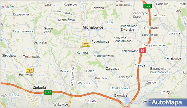 mapa Młodziejowice gmina Michałowice, Młodziejowice gmina Michałowice na mapie Targeo