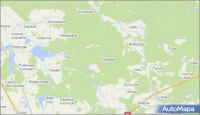 mapa Śródlesie gmina Kochanowice, Śródlesie gmina Kochanowice na mapie Targeo