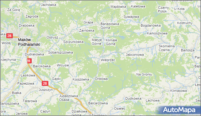 mapa Wieprzec gmina Maków Podhalański, Wieprzec gmina Maków Podhalański na mapie Targeo