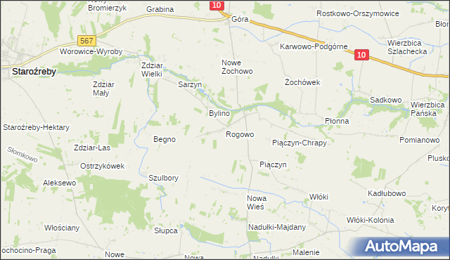 mapa Rogowo gmina Staroźreby, Rogowo gmina Staroźreby na mapie Targeo