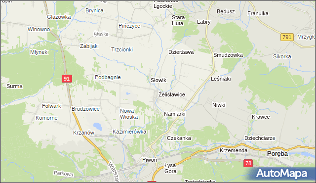 mapa Żelisławice gmina Siewierz, Żelisławice gmina Siewierz na mapie Targeo