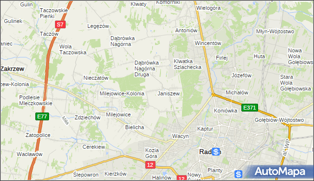 mapa Janiszew gmina Zakrzew, Janiszew gmina Zakrzew na mapie Targeo