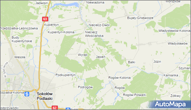 mapa Jasień gmina Repki, Jasień gmina Repki na mapie Targeo