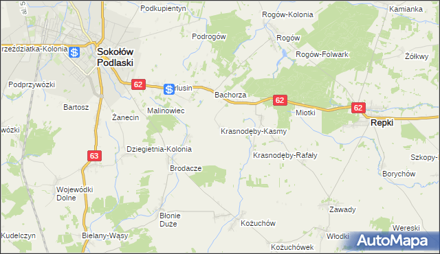 mapa Krasnodęby-Kasmy, Krasnodęby-Kasmy na mapie Targeo