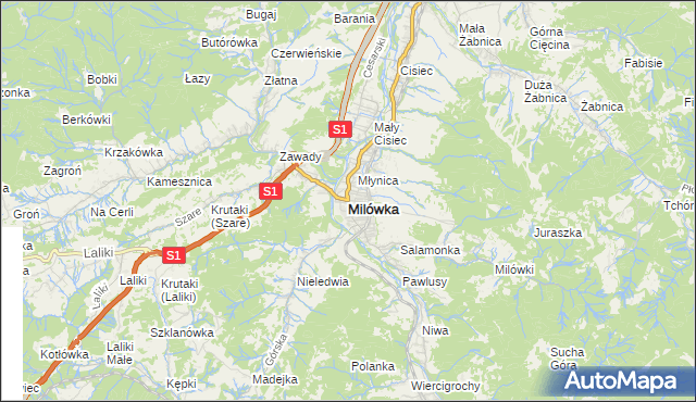 mapa Milówka powiat żywiecki, Milówka powiat żywiecki na mapie Targeo