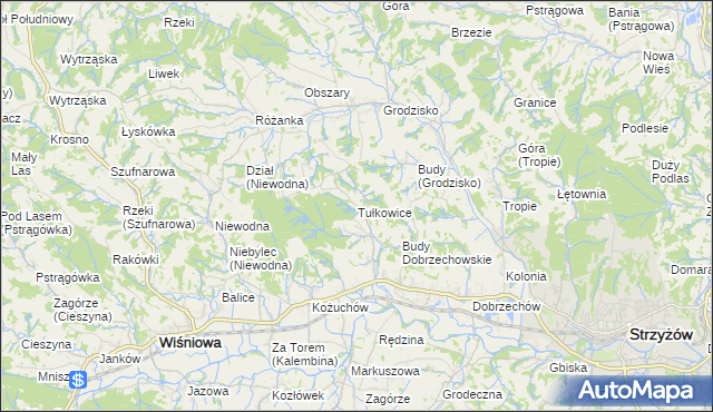 mapa Tułkowice gmina Wiśniowa, Tułkowice gmina Wiśniowa na mapie Targeo