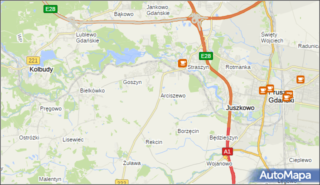 mapa Arciszewo gmina Pruszcz Gdański, Arciszewo gmina Pruszcz Gdański na mapie Targeo