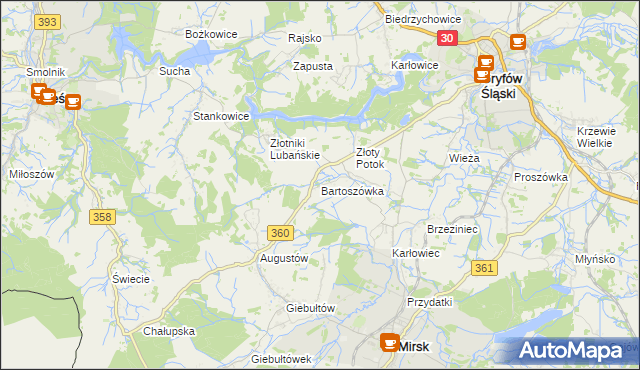 mapa Bartoszówka gmina Leśna, Bartoszówka gmina Leśna na mapie Targeo