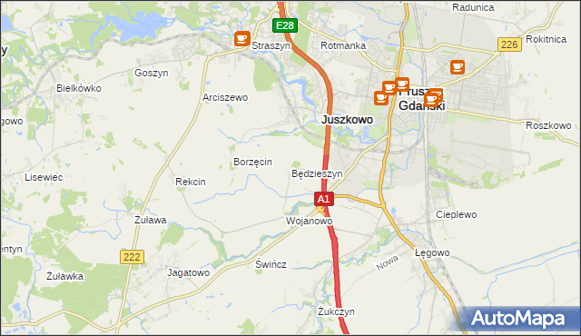 mapa Będzieszyn gmina Pruszcz Gdański, Będzieszyn gmina Pruszcz Gdański na mapie Targeo