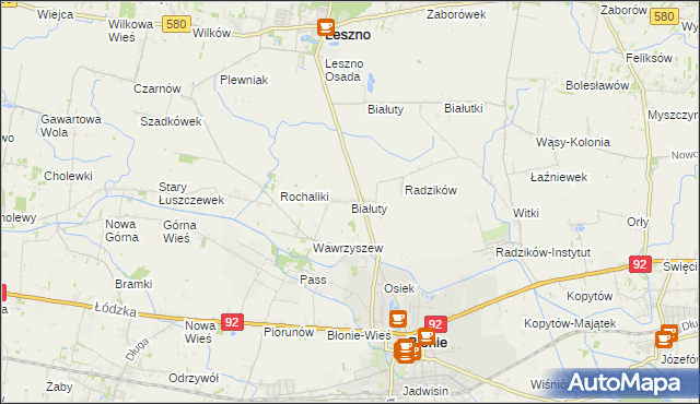 mapa Białuty gmina Błonie, Białuty gmina Błonie na mapie Targeo