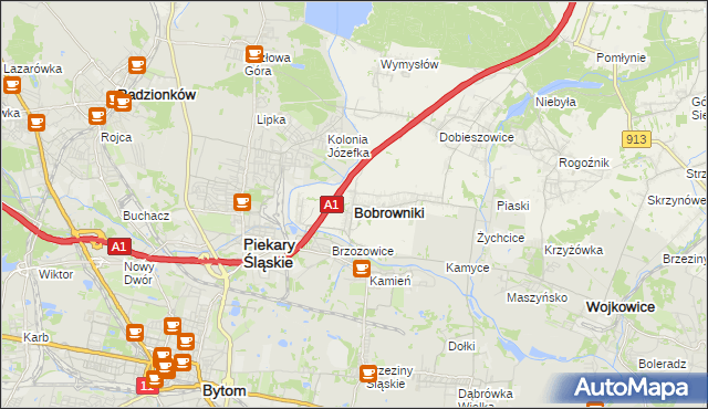 mapa Bobrowniki powiat będziński, Bobrowniki powiat będziński na mapie Targeo