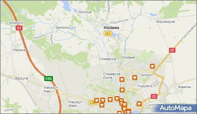 mapa Chwalęcice gmina Kłodawa, Chwalęcice gmina Kłodawa na mapie Targeo