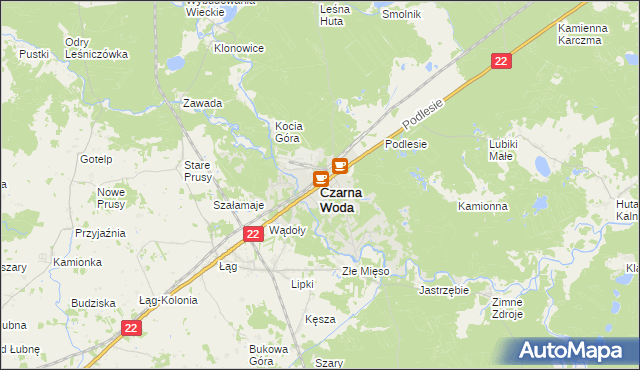 mapa Czarna Woda powiat starogardzki, Czarna Woda powiat starogardzki na mapie Targeo